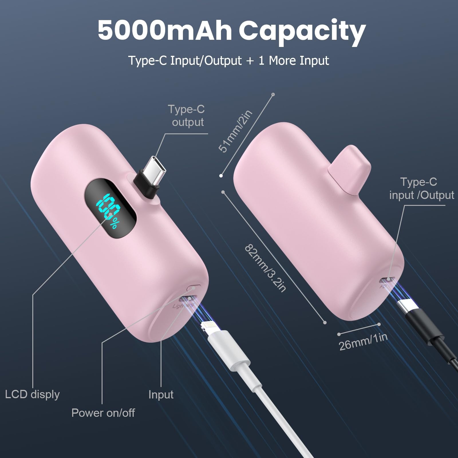 Mini powerbank pantalla digital  tipo C ROSA